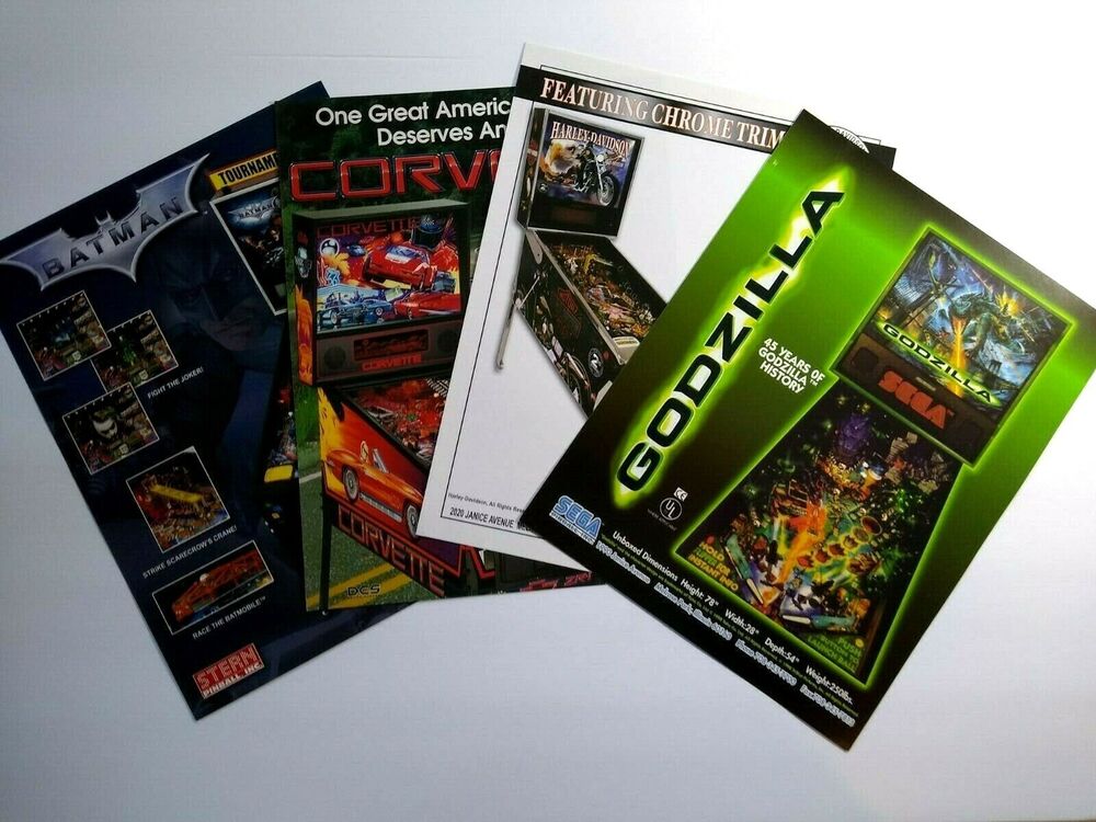 Pinball Flyers Lot Of 4 Games Batman DK Corvette Harley Davidson Godzilla #63